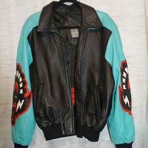 Vintage Michael Hoban Black / Teal Leather North Beach Bomber Jacket